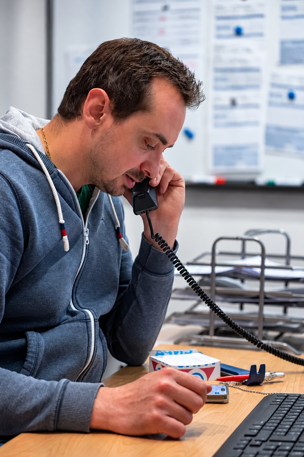 Un homme en sweat à capuche gris téléphone à son bureau, devant un tableau blanc couvert de documents, avec un clavier et des bacs à courrier à proximité.