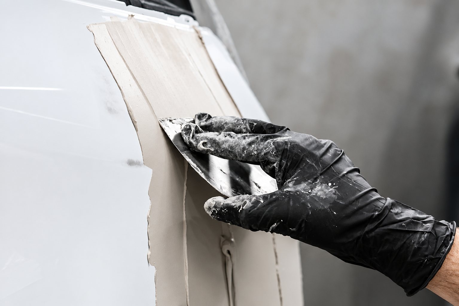 En noir et blanc, une main gantée de noir étale du mastic avec une spatule sur la tôle d'une carrosserie de voiture.